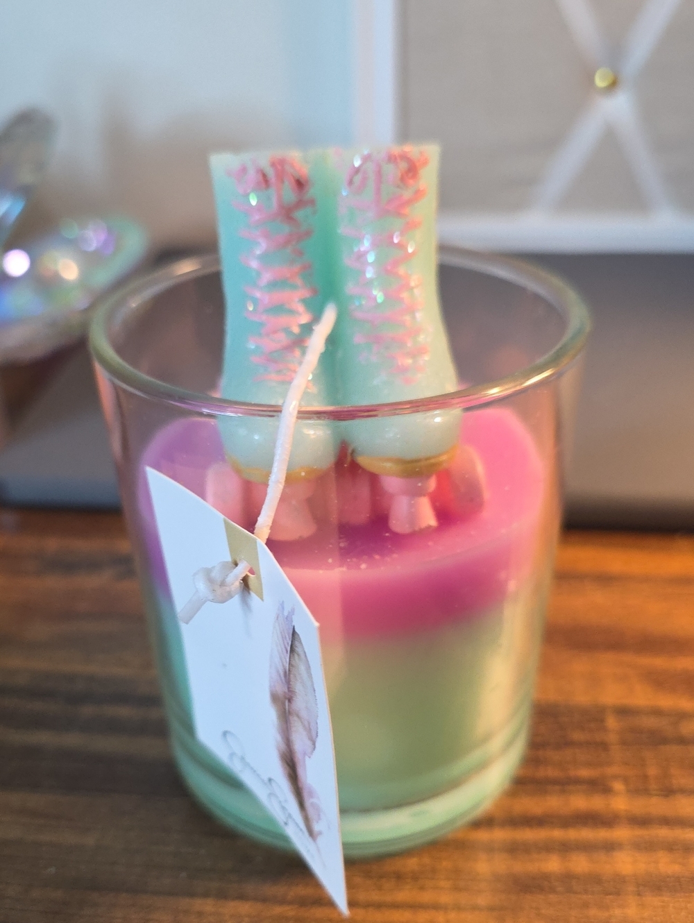 Jessica Simpson Pink & Mint Roller Skate Layered Candle in Glass